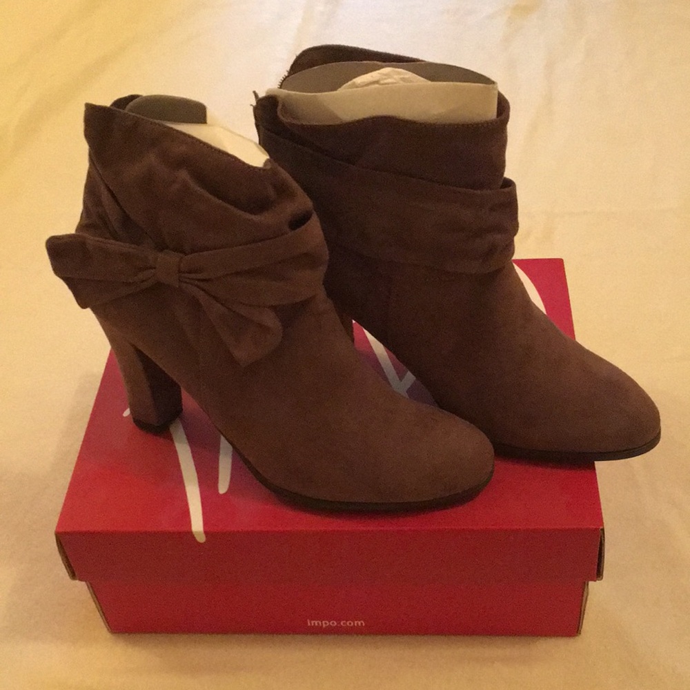IMPO Taupe Stretch Oblique Booties with Bow